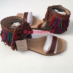 ZARA 100% LEATHER FRINGE SANDALS BROWN MULTICOLOR BRAND NEW WITH TAGS US 9